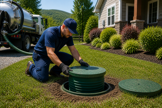 Worker kneeling over a green septic tank lid in a landscaped yard beside a service truck