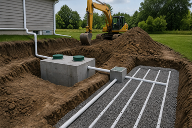 Excavator digging beside a house foundation with concrete utility boxes and a gravel drainage bed