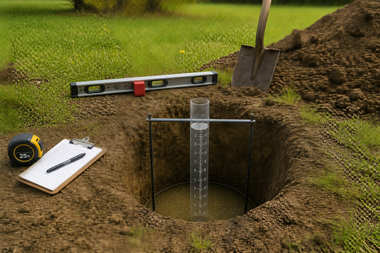 Surveying tools around a freshly dug hole in a grassy yard, with a shovel and level nearby.