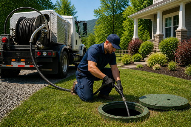 Worker cleaning a lawn septic tank with a vacuum truck in a suburban yard