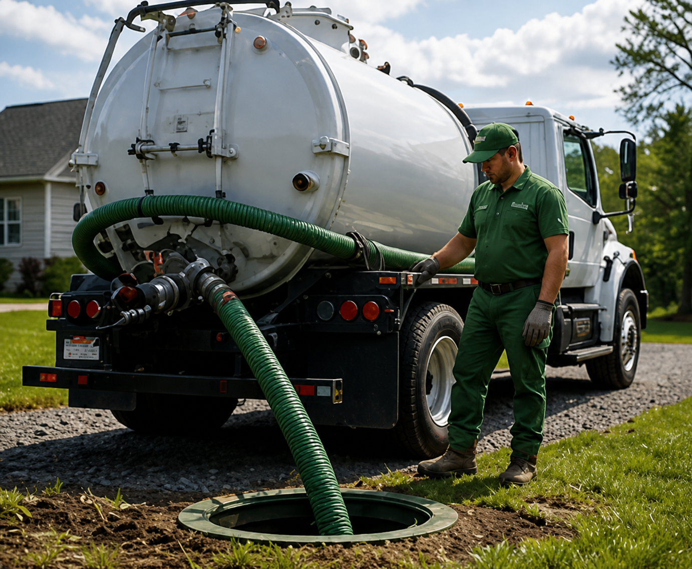 Worker in green uniform emptying a tanker truck into a manhole on a suburban lawn