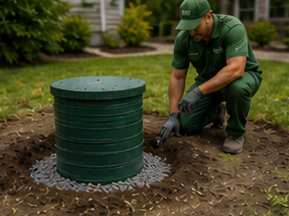 Worker installs green septic tank lid in garden soil.