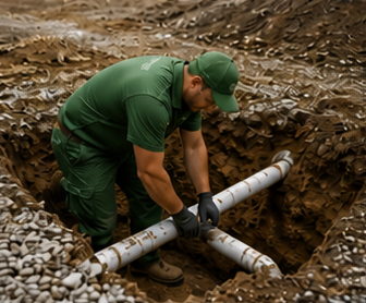 Worker in green uniform assembling a white pipe in a muddy trench