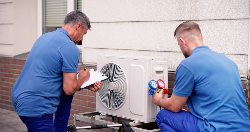 Two HVAC technicians in blue shirts inspect an outdoor air conditioning unit. One takes notes, the other checks gauges.