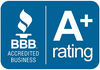 BBB Accredited Business logo: blue background, white flame, 