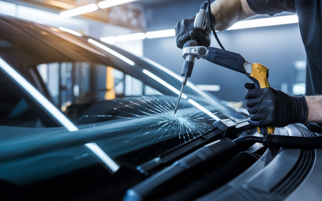 Auto glass repair technician working on windshield crack in Winter Garden, FL