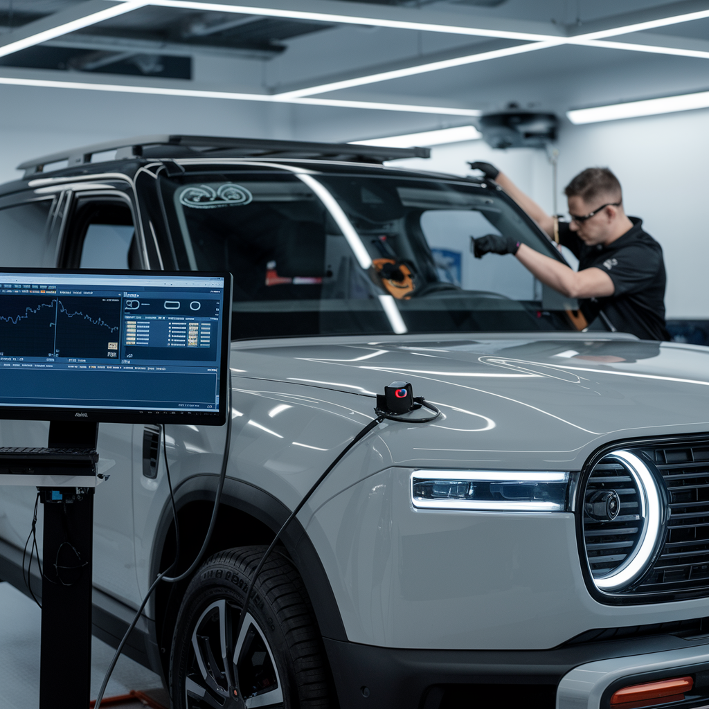 Auto glass repair technician working on windshield crack in Winter Garden, FL