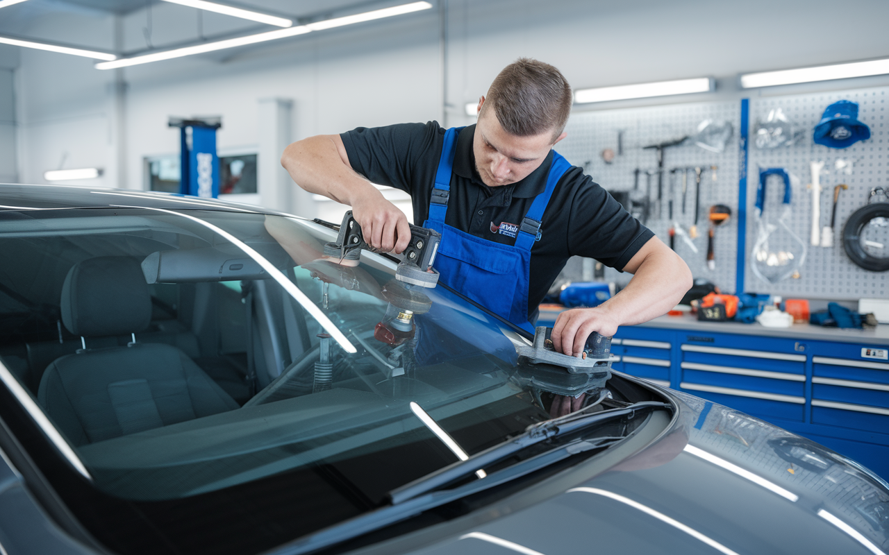 Auto glass repair technician working on windshield crack in Winter Garden, FL