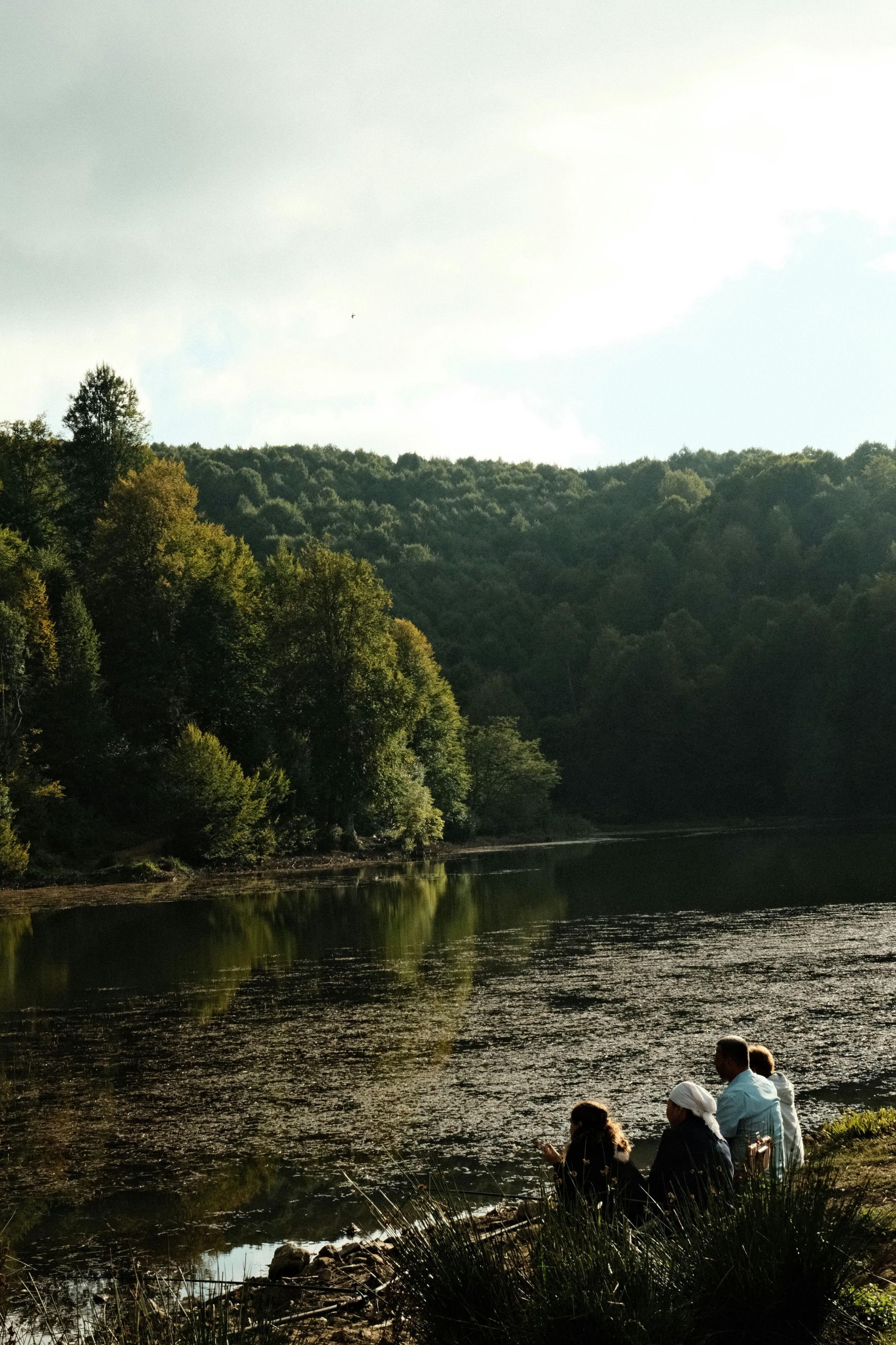Lake scene with trees reflecting in the water and a few figures sitting near the edge.