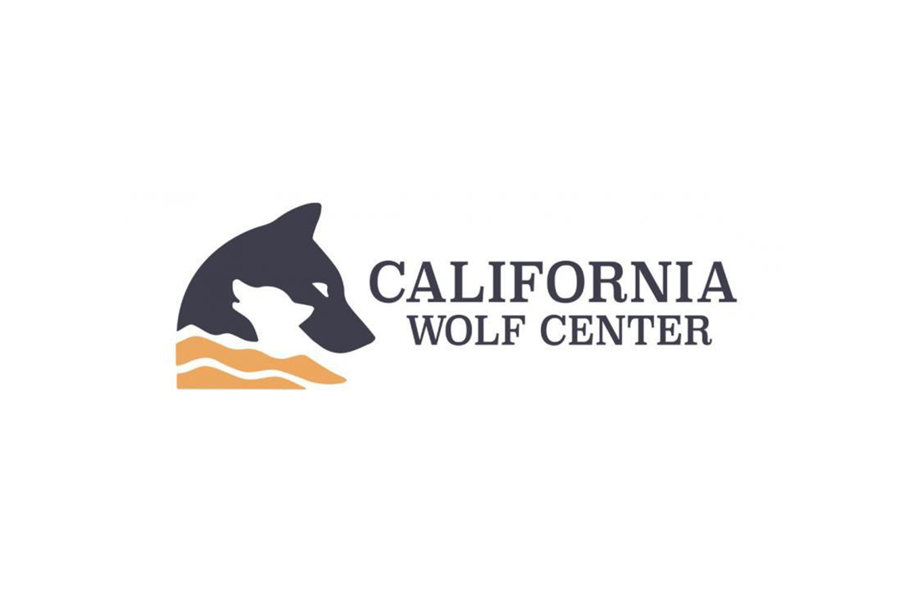 The logo for the california wolf center shows a wolf 's head with a mountain in the background.