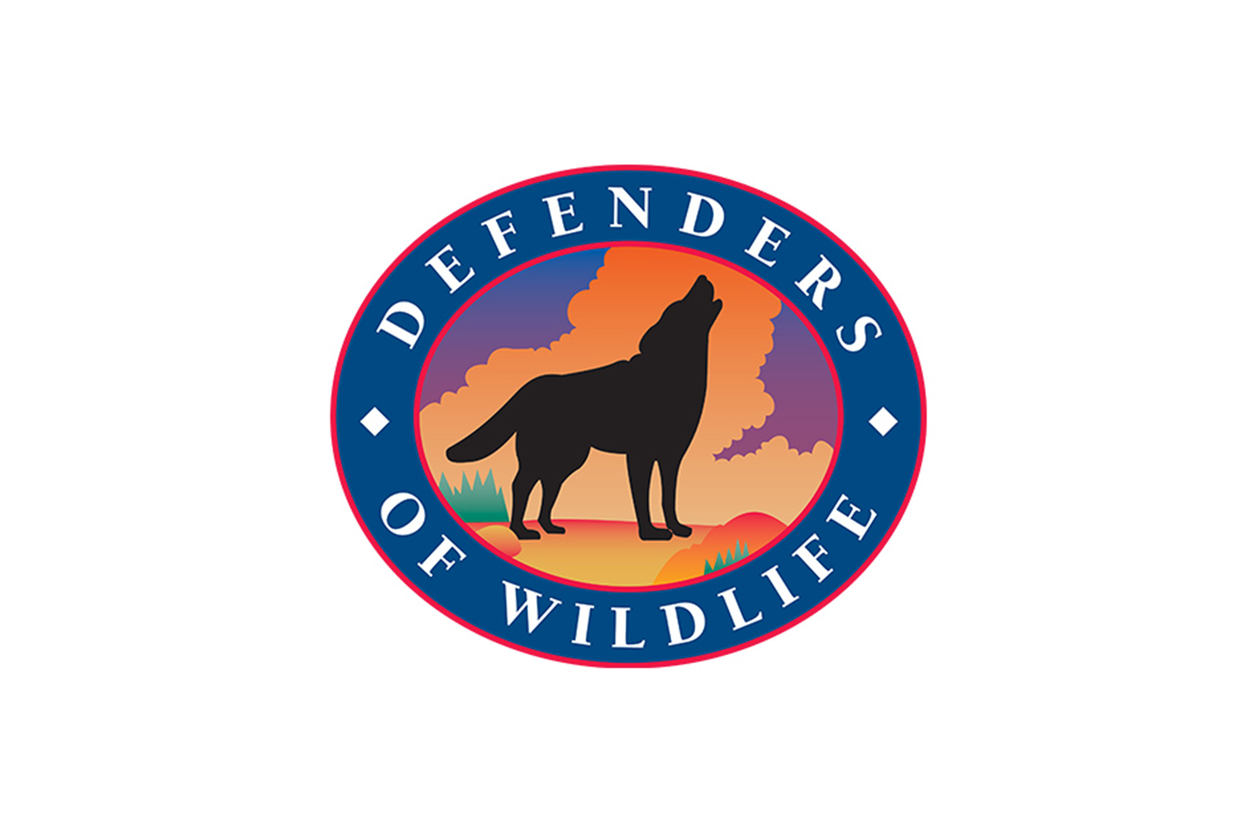 A logo for defenders of wildlife with a wolf howling