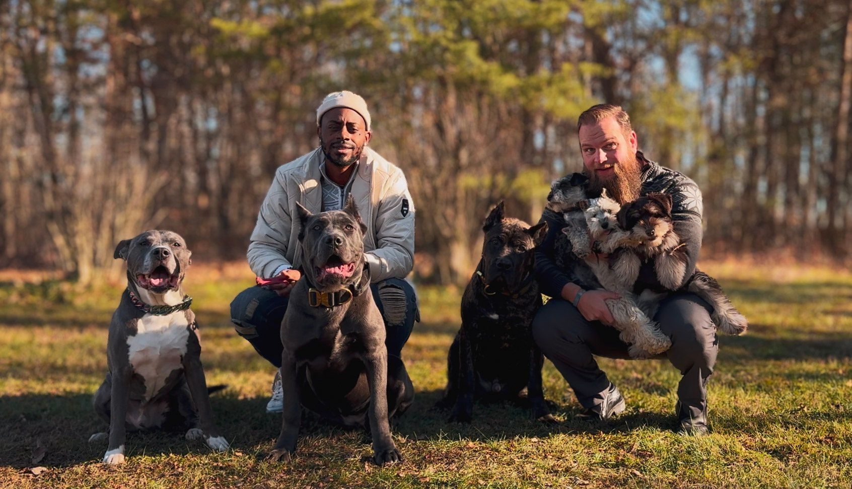 Two men are sitting on the grass with their dogs.