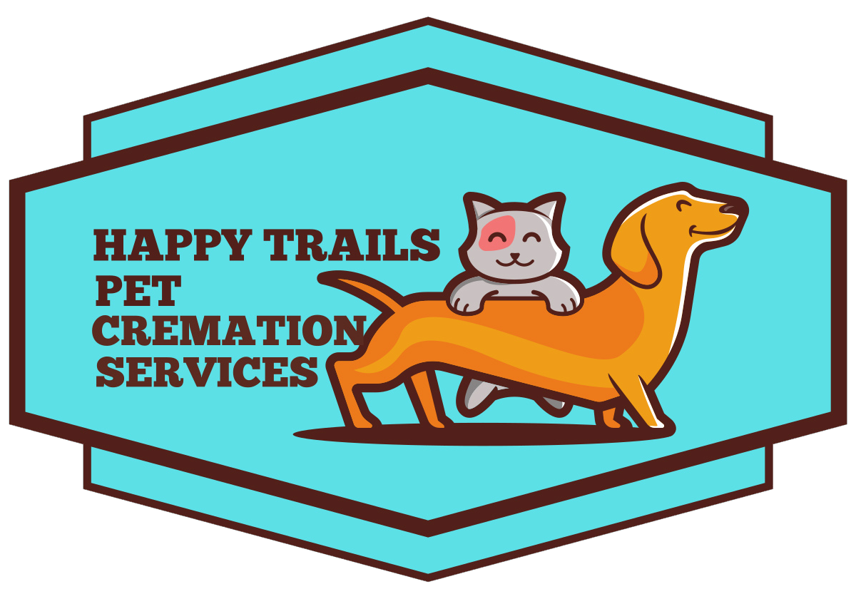 The logo for happy trails pet cremation services shows a dog and a cat.