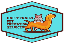 The logo for happy trails pet cremation services shows a dog and a cat.