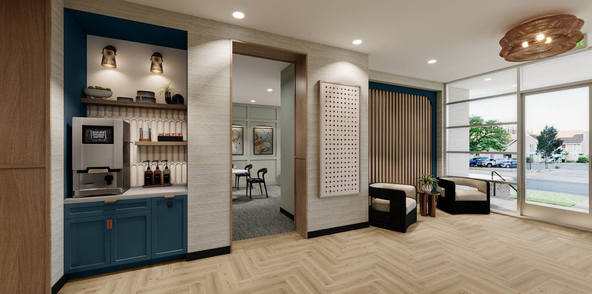 Interior with coffee station, seating, and large windows overlooking the street.