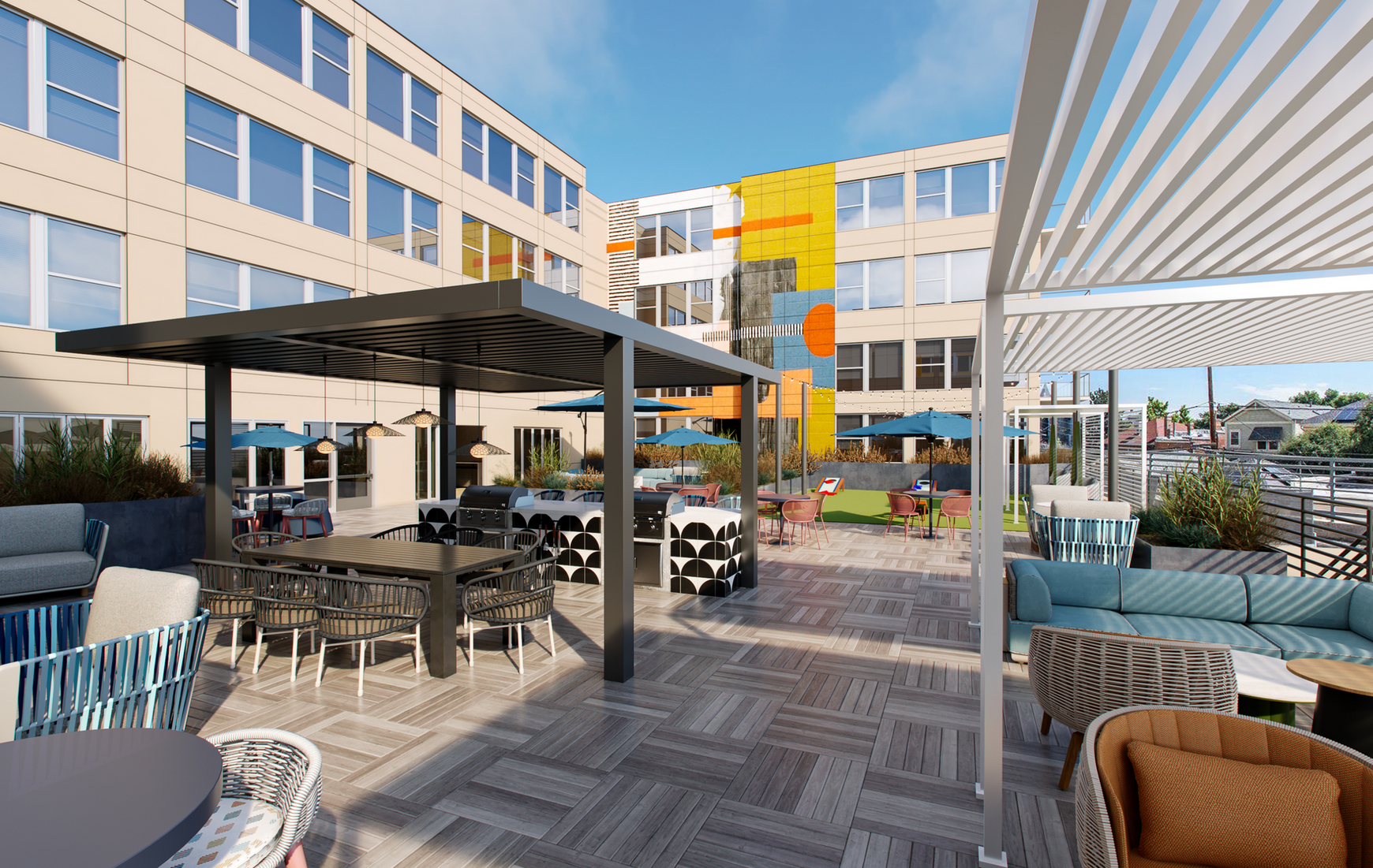 An artist 's impression of a patio area with tables and chairs in front of a building.