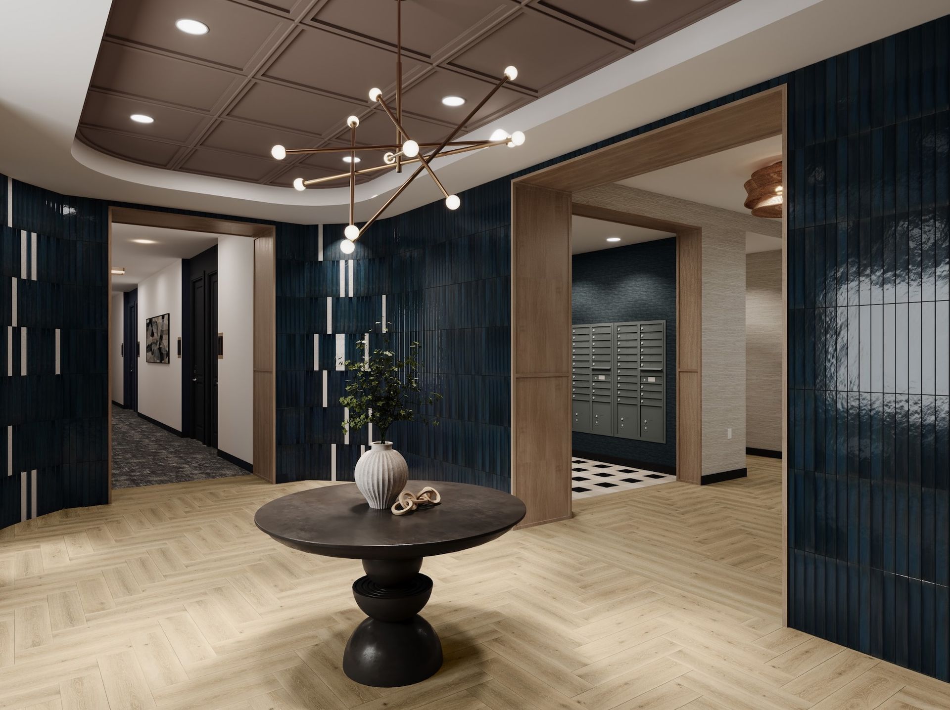 Elegant apartment lobby with blue walls, wooden floors, and a round table.