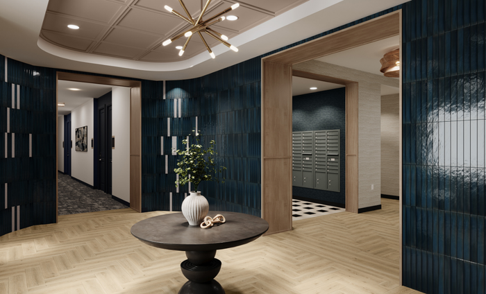 An artist 's impression of a hallway with a round table in the middle.