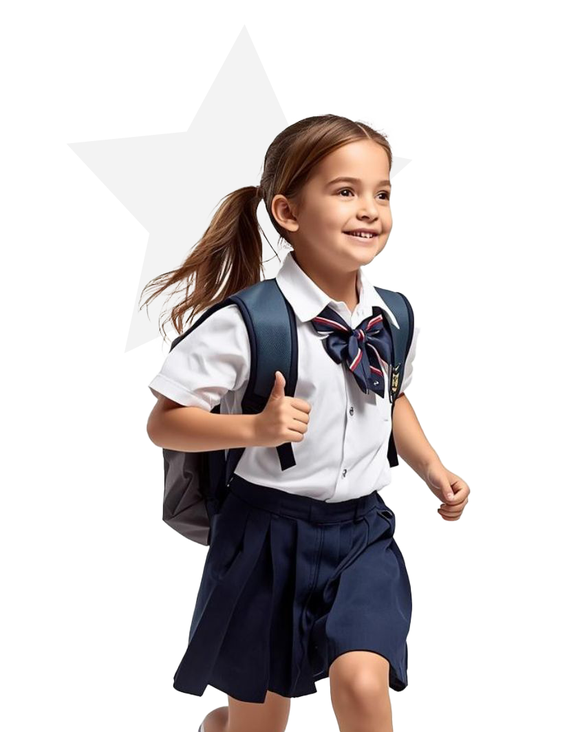 Girl in school uniform runs with backpack, smiling, against a white star.