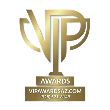 Gold VIP Awards logo shaped like a trophy, featuring the website vipawardsaz.com and phone number (928) 521-8149.