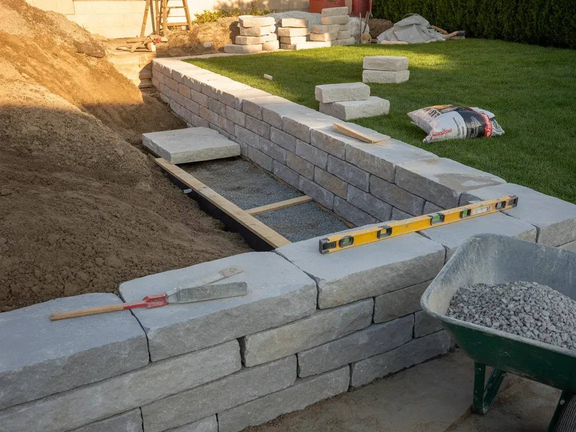 Building a retaining wall in a backyard; gray blocks being laid, gravel, a wheelbarrow, and a level.