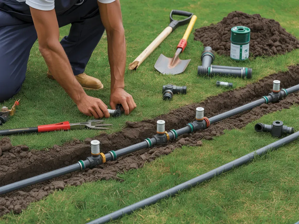 Person installing irrigation system in a lawn, with tools and pipes in a trench.
