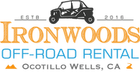 The logo for ironwoods off-road rental in ocotillo wells , ca.