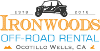 The logo for ironwoods off-road rental in ocotillo wells , ca.
