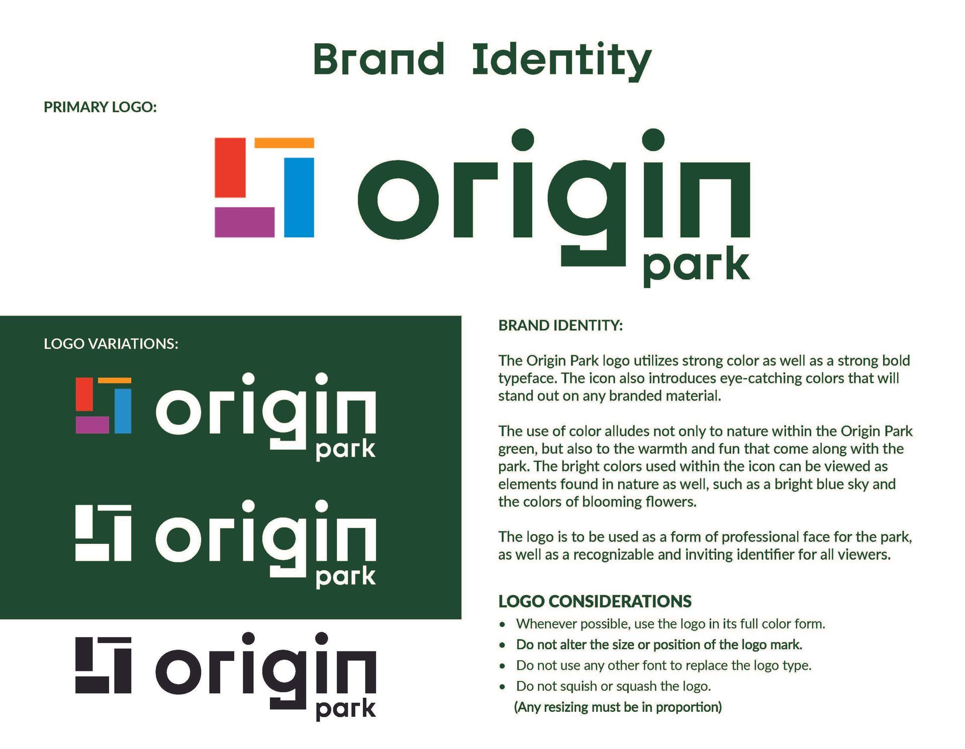 Origin Park brand identity guide. Logo variations with color and text details in green.