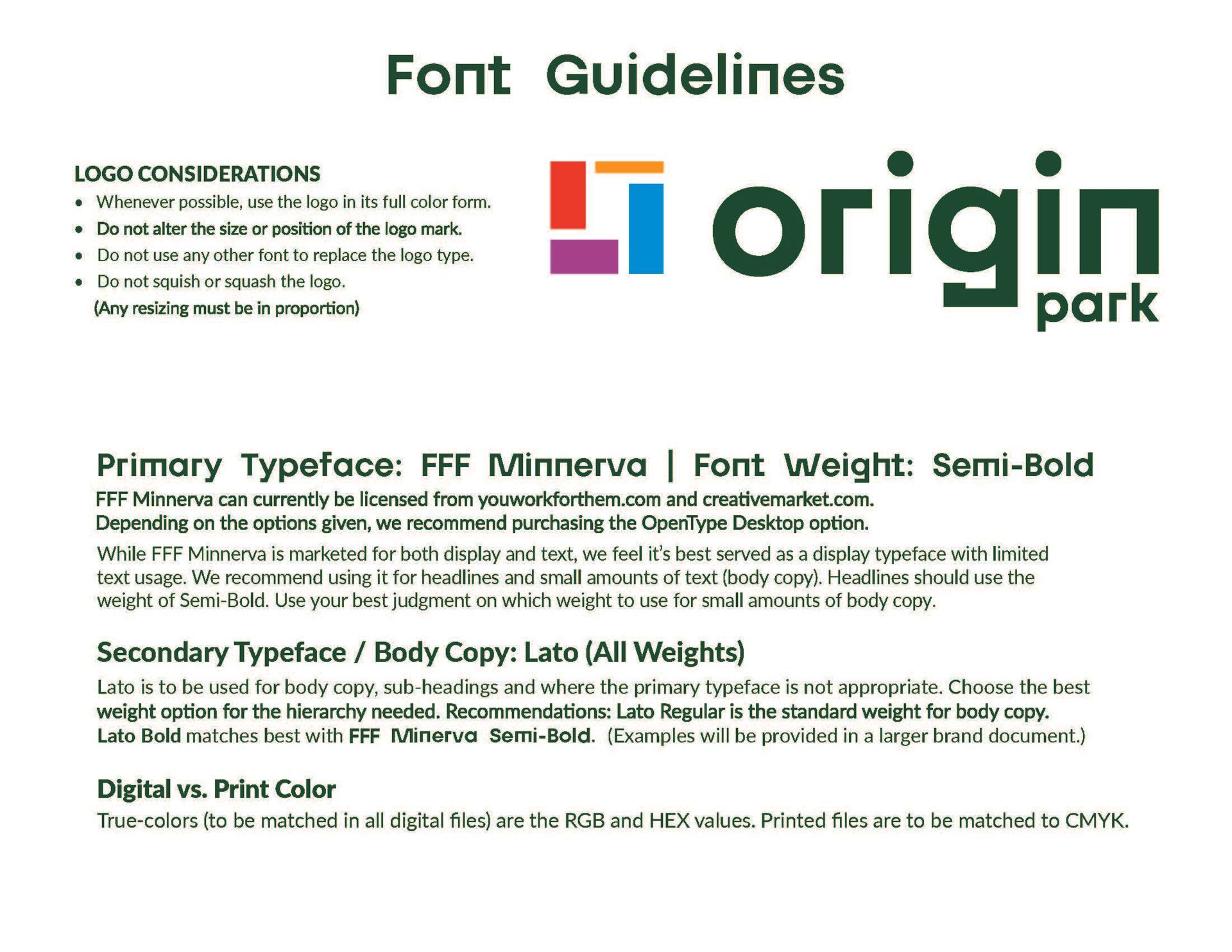 Font guidelines with logo and text describing primary & secondary typefaces and color usage.