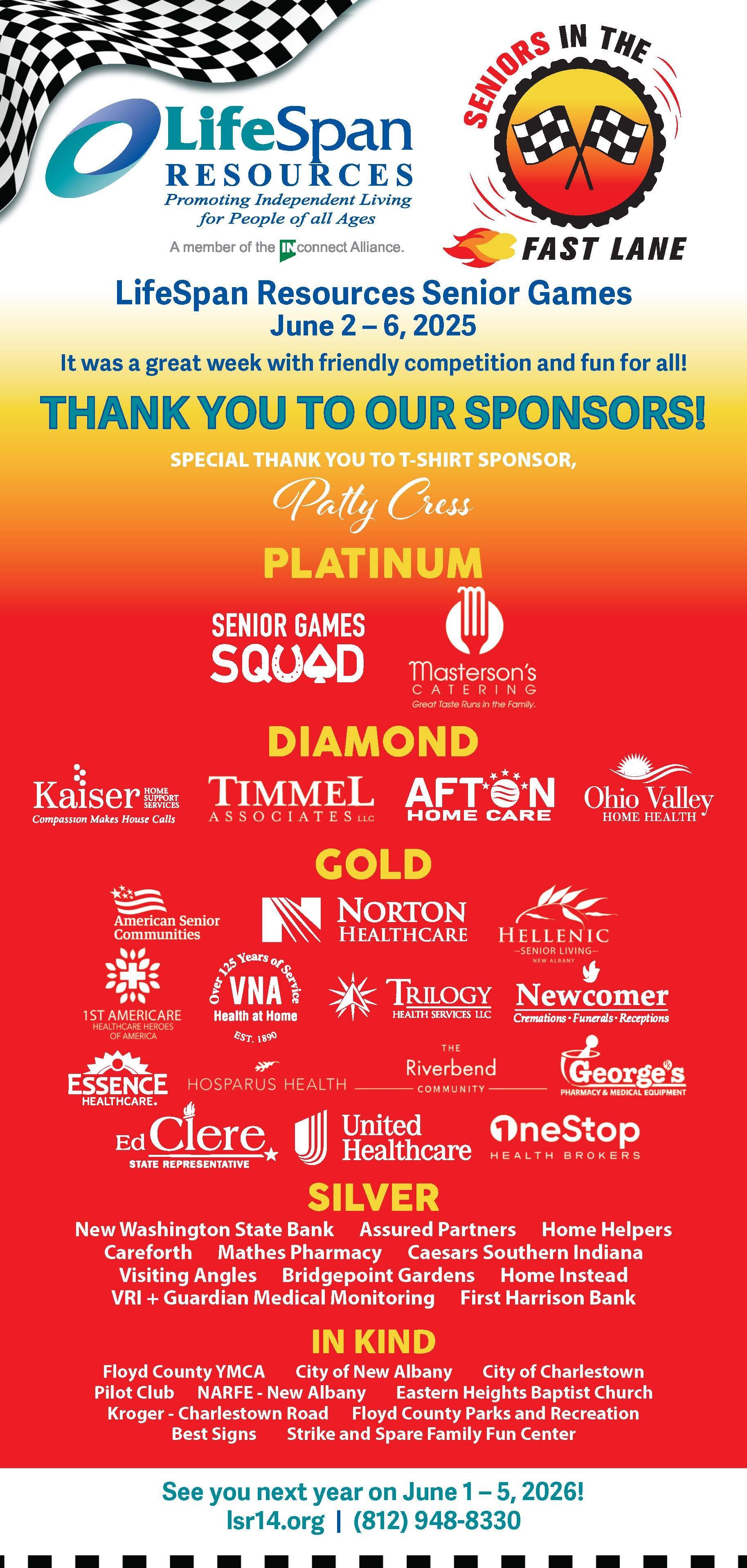 Banner for Lifespan Resources Senior Games with sponsor logos in red/yellow.