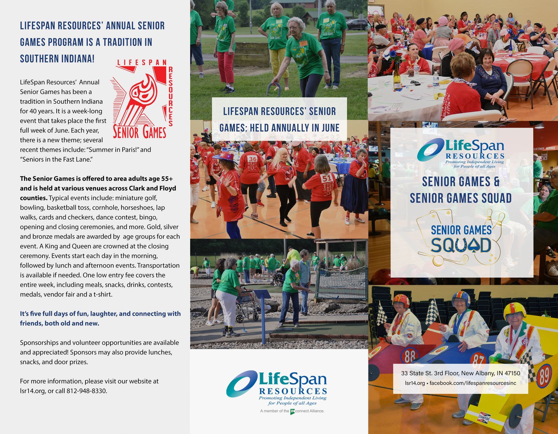 Brochure promoting LifeSpan senior games, featuring active seniors in games and activities.
