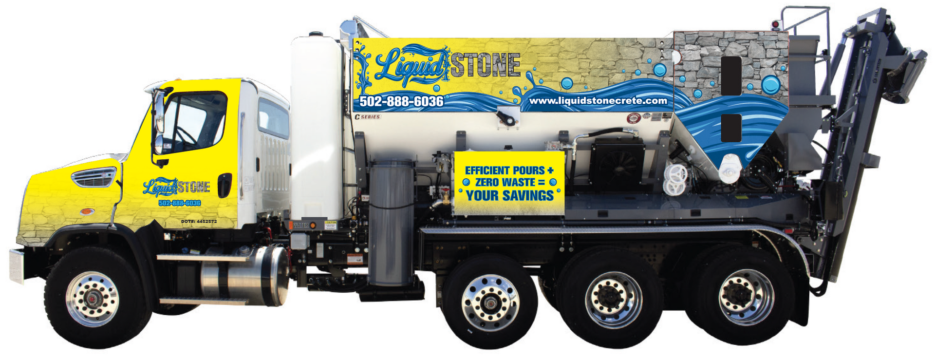 Yellow and white liquid vacuum truck with business logo on the side.