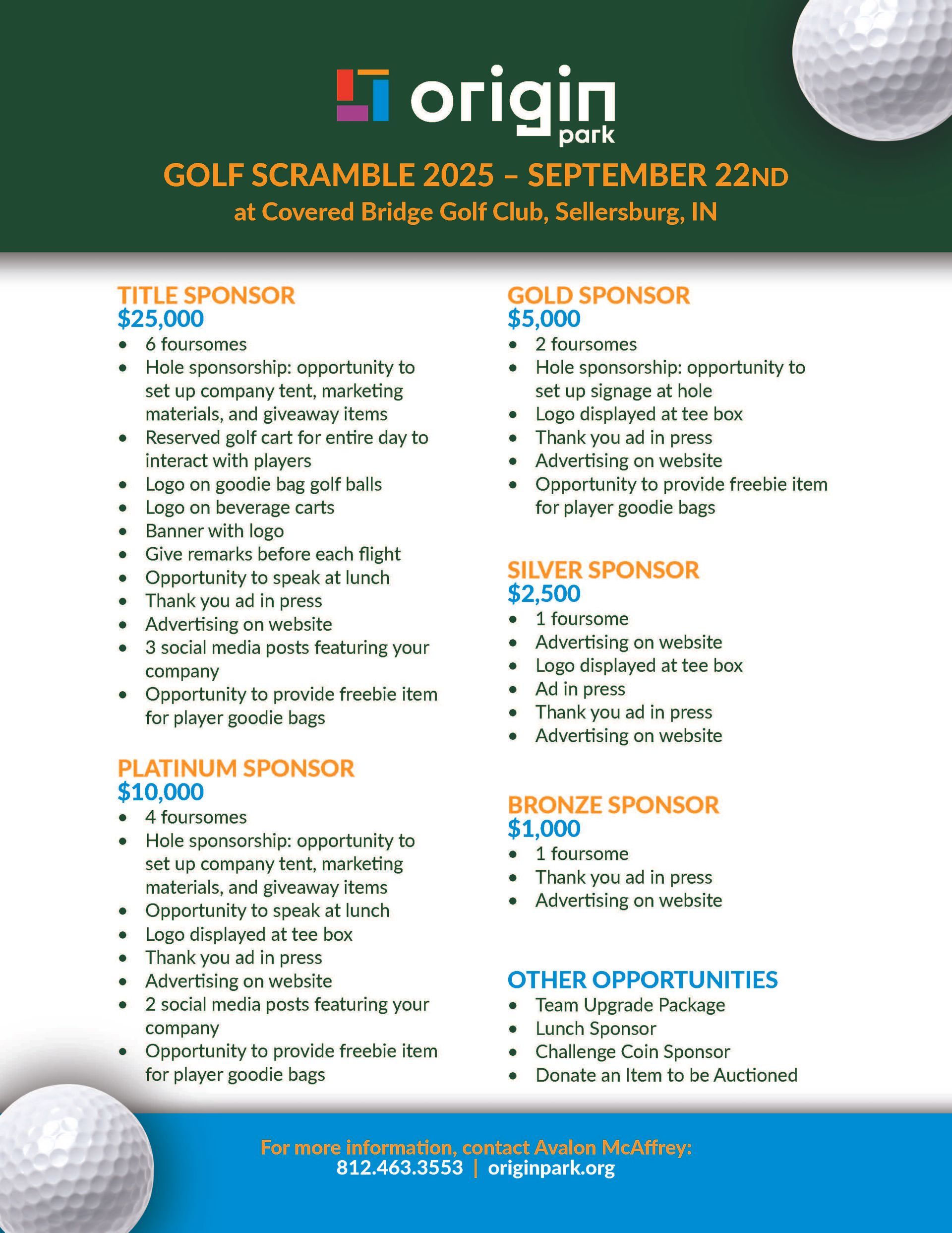 Golf scramble flyer: Origin Park event at Colonial Bridge Golf Club, including sponsorship levels and benefits.