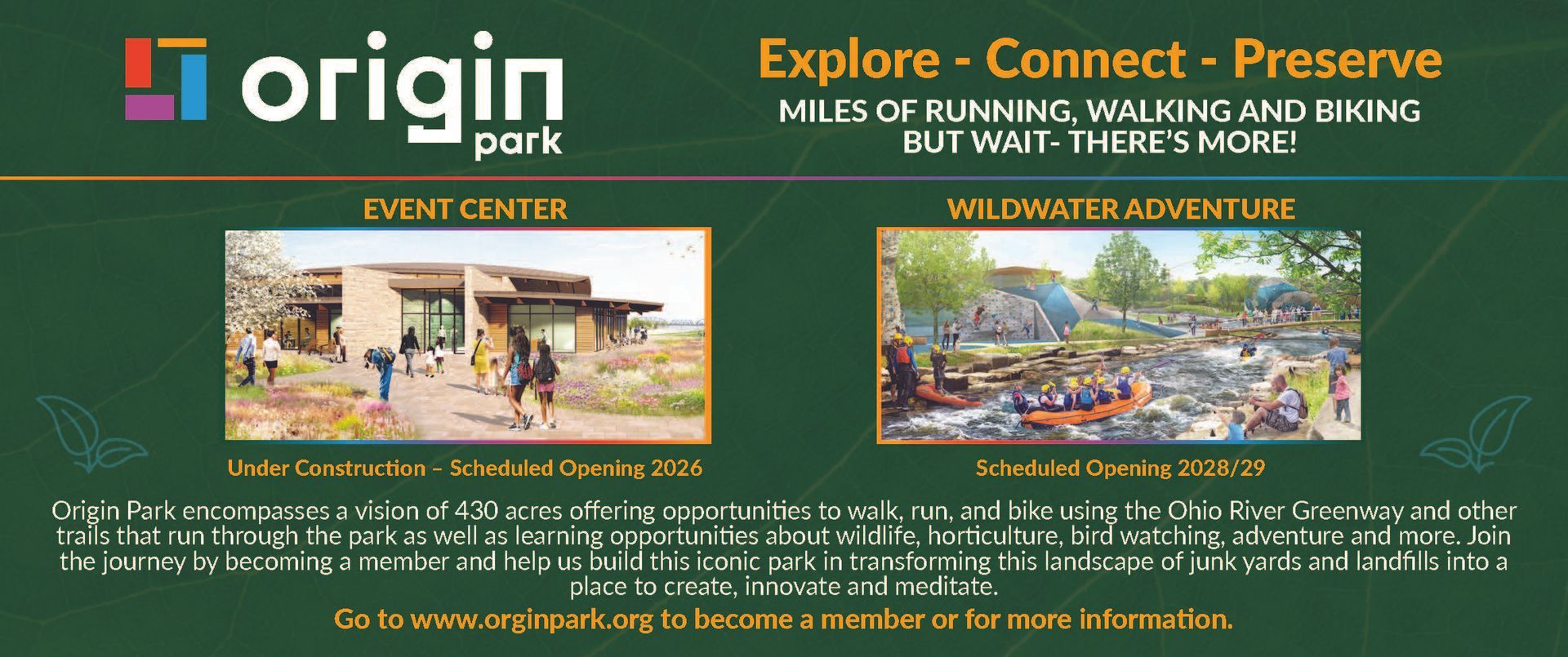 An advertisement for Origin Park featuring an event center and a Wildwater Adventure.