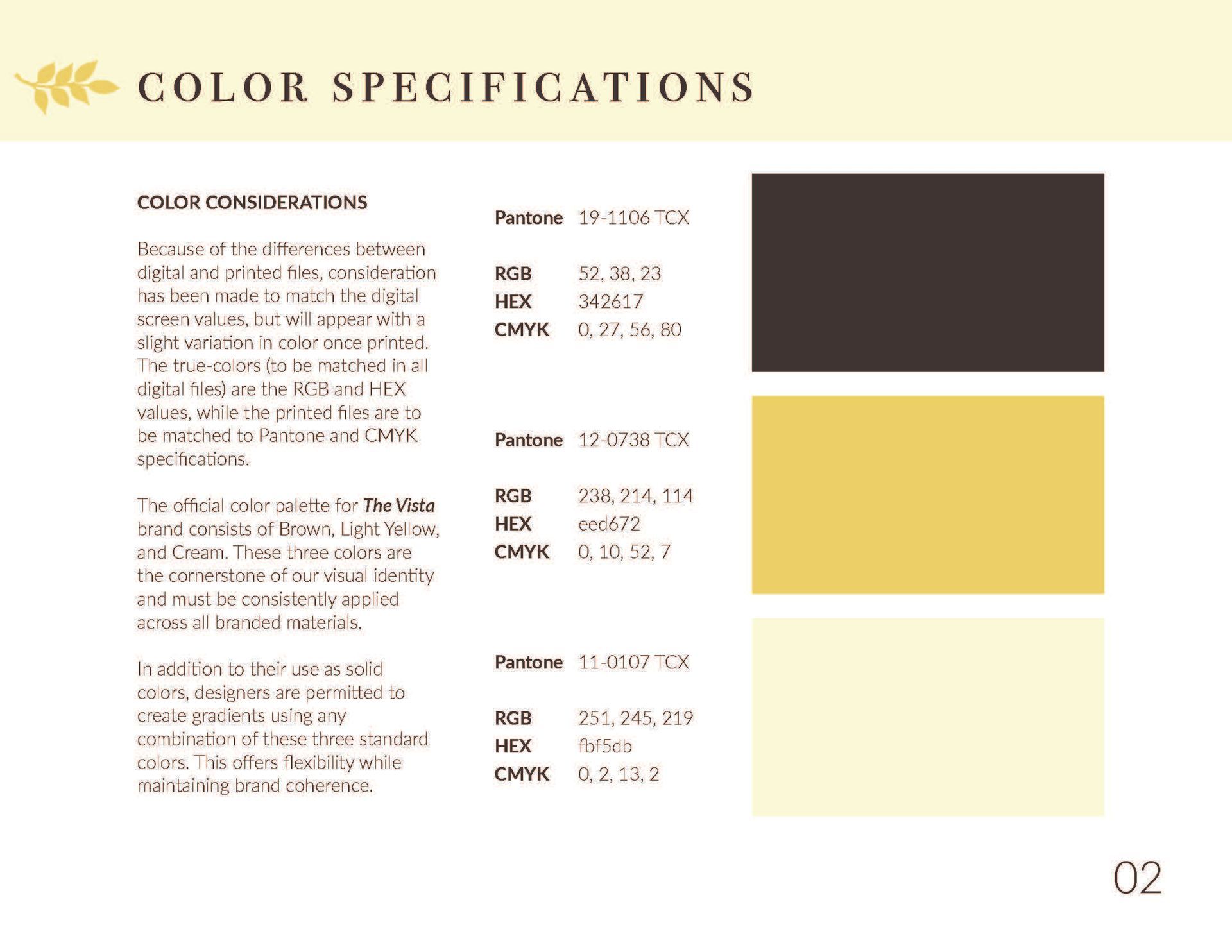 Color palette with brown, yellow, and cream swatches and their corresponding Pantone, RGB, HSB, and CMYK values.