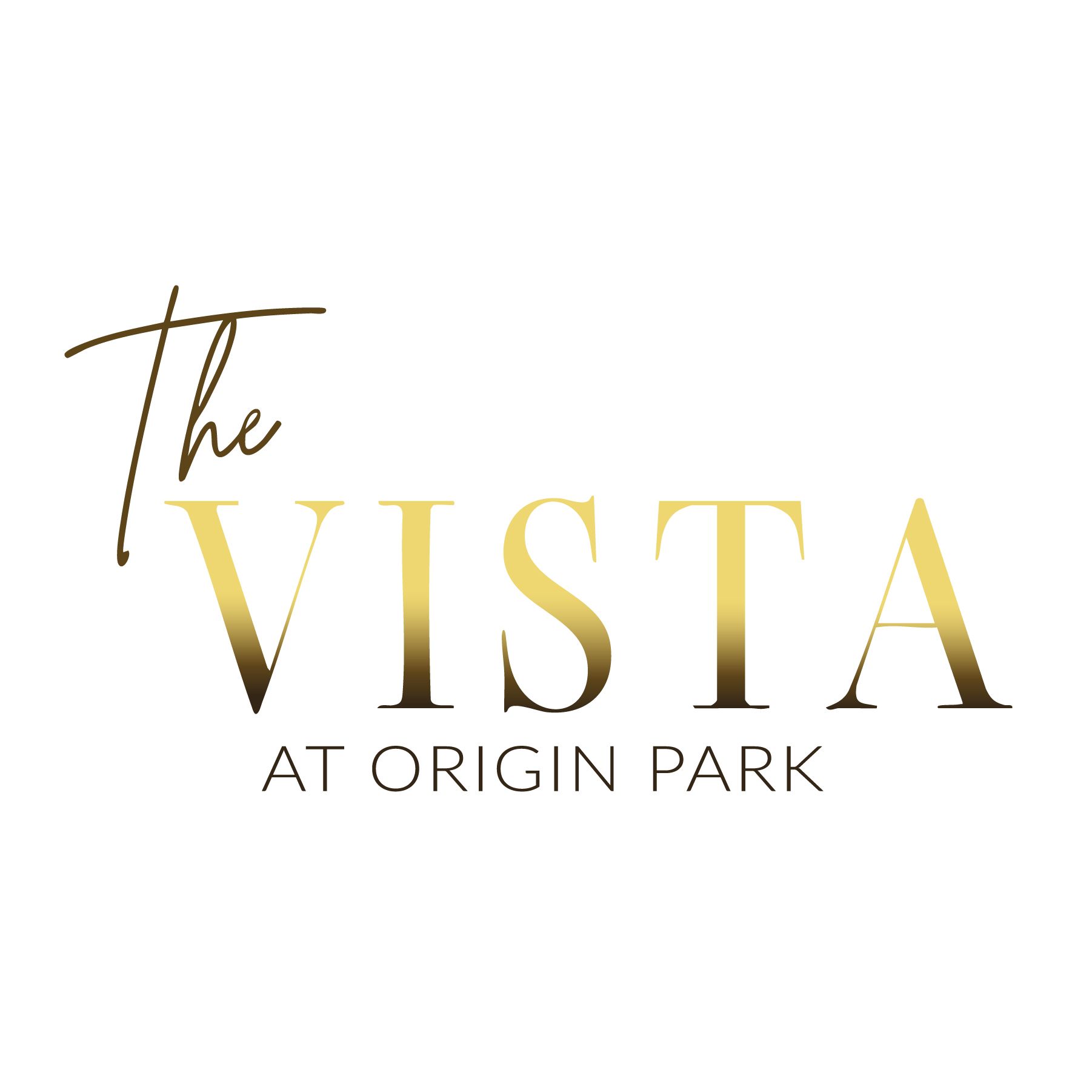The Vista at Origin Park logo in gold script and sans-serif text on a white background.