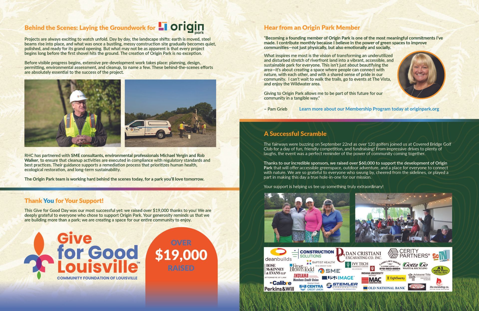 Brochure: Text and photos about Li-Origin, including staff, vehicles, and a community golf event.