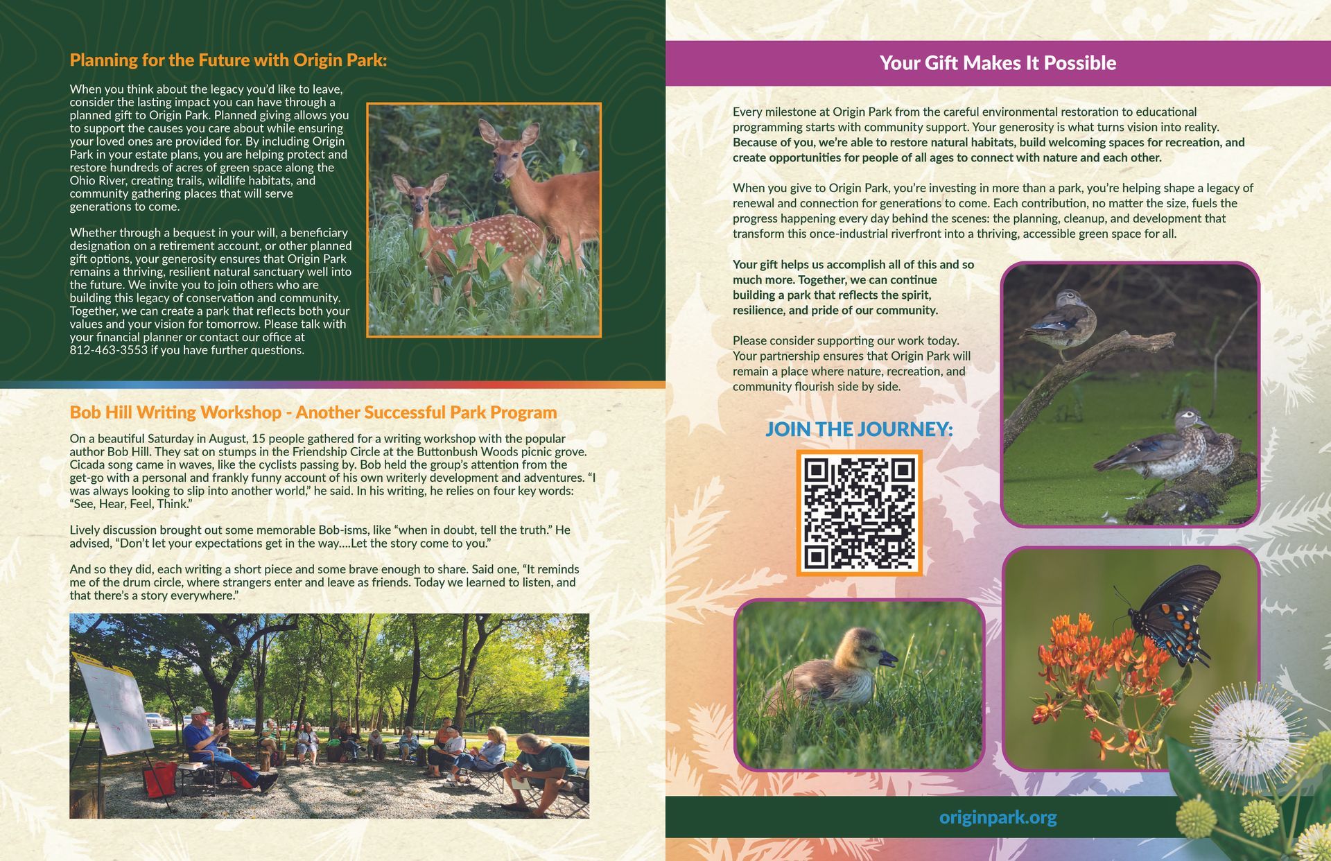 Brochure about nature: deer, birds, fox, and butterfly in a park setting.