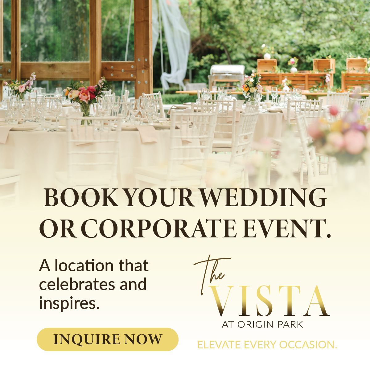Wedding venue ad: Tables set outdoors, text