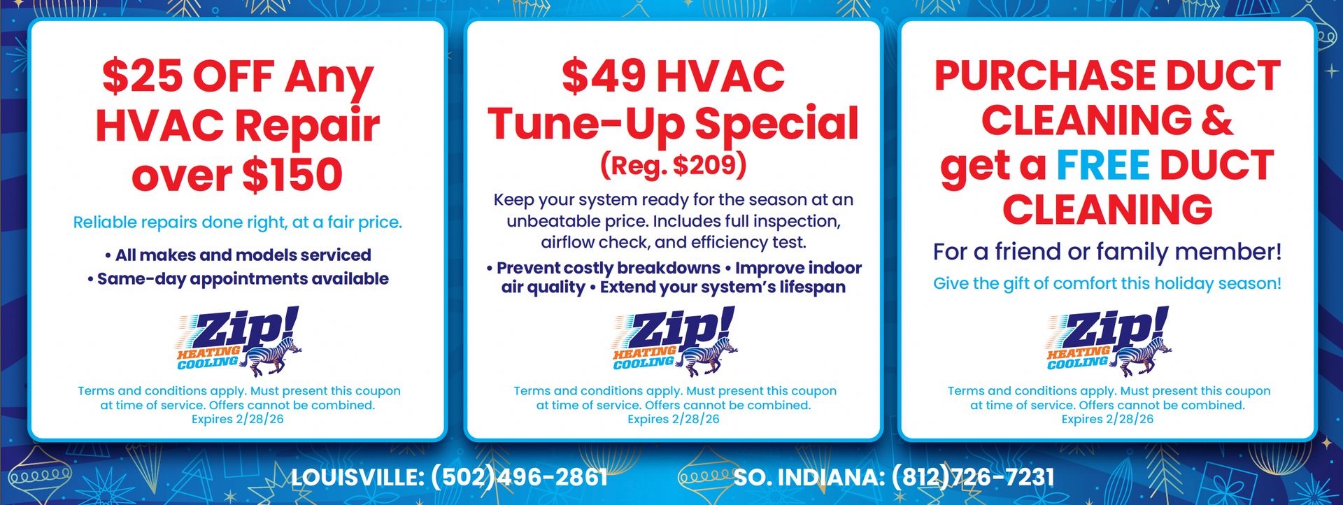 HVAC repair and cleaning deals: $25 off over $150, $49 tune-up, and free duct cleaning with purchase, Zip! logo.