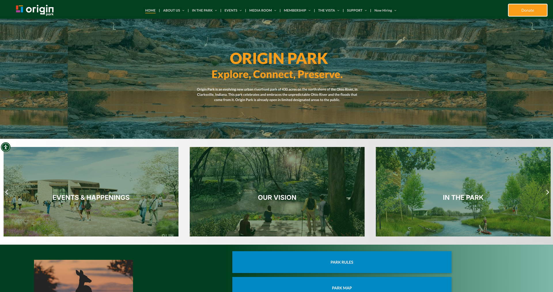 Origin Park website homepage featuring park images and text: