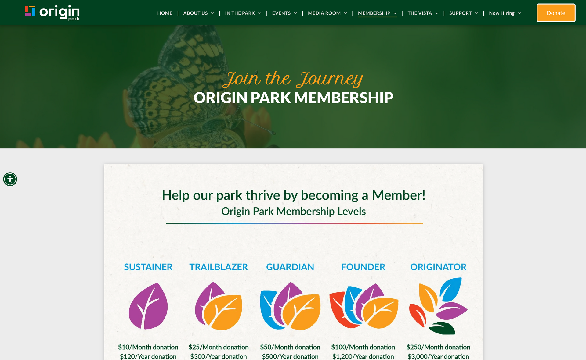 Origin Park Membership page with membership levels.