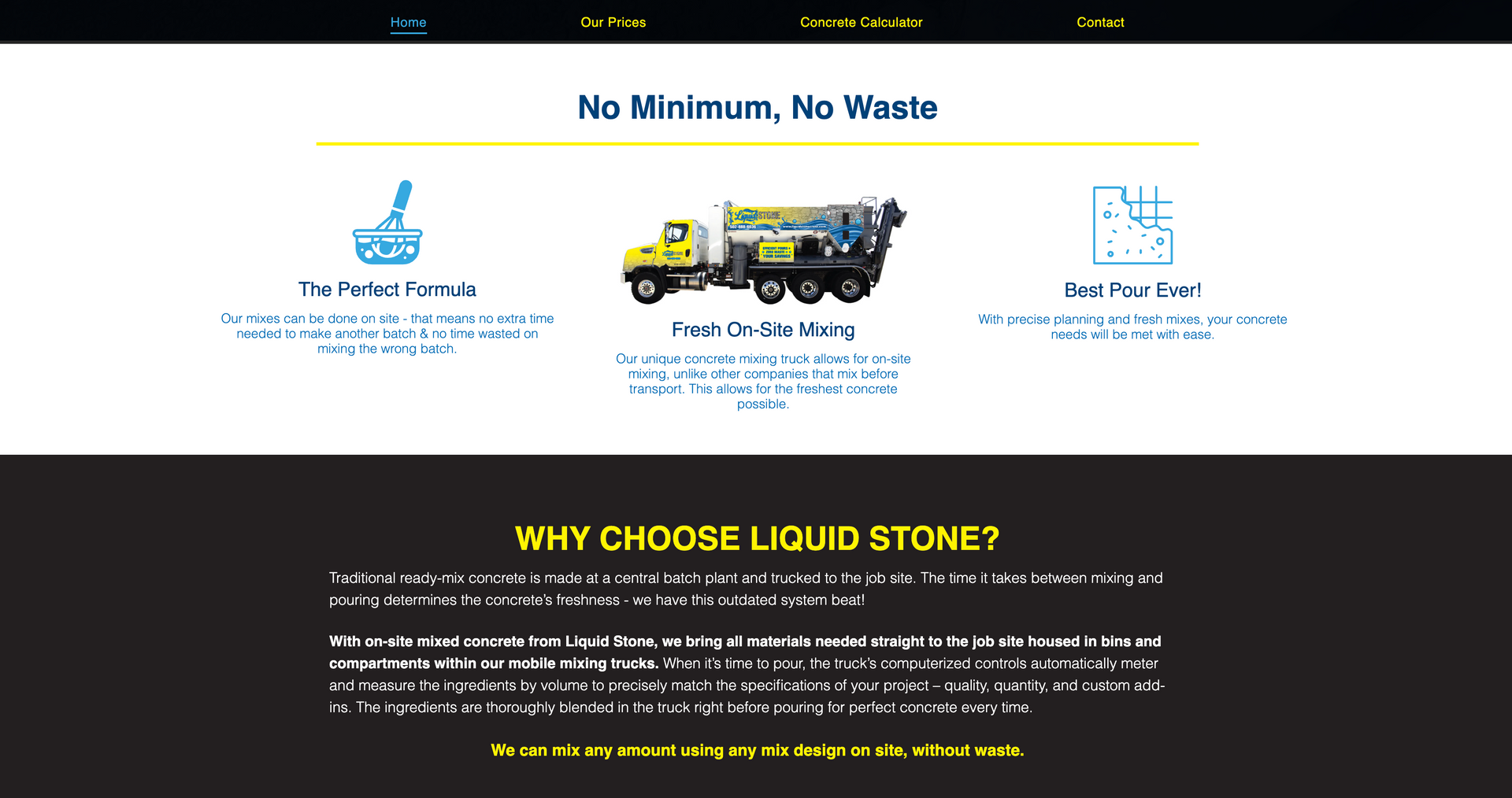 Website promoting liquid stone with a tanker truck and icons. 