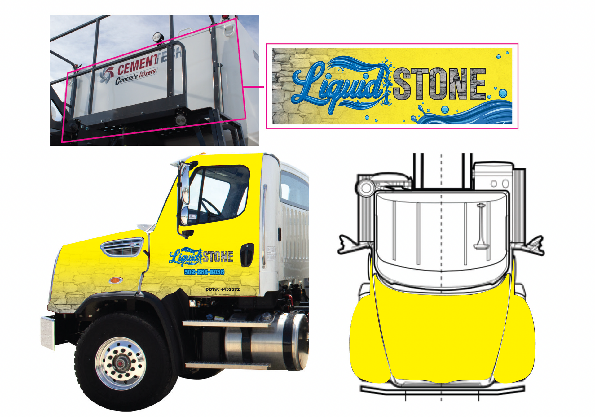 Yellow Liquid Stone truck with a platform on top and a Liquid Stone sign.