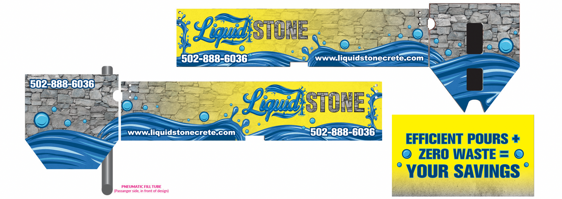 Promotional materials for Liquid Stone, a store. Displays the brand's name, website, and slogan, 