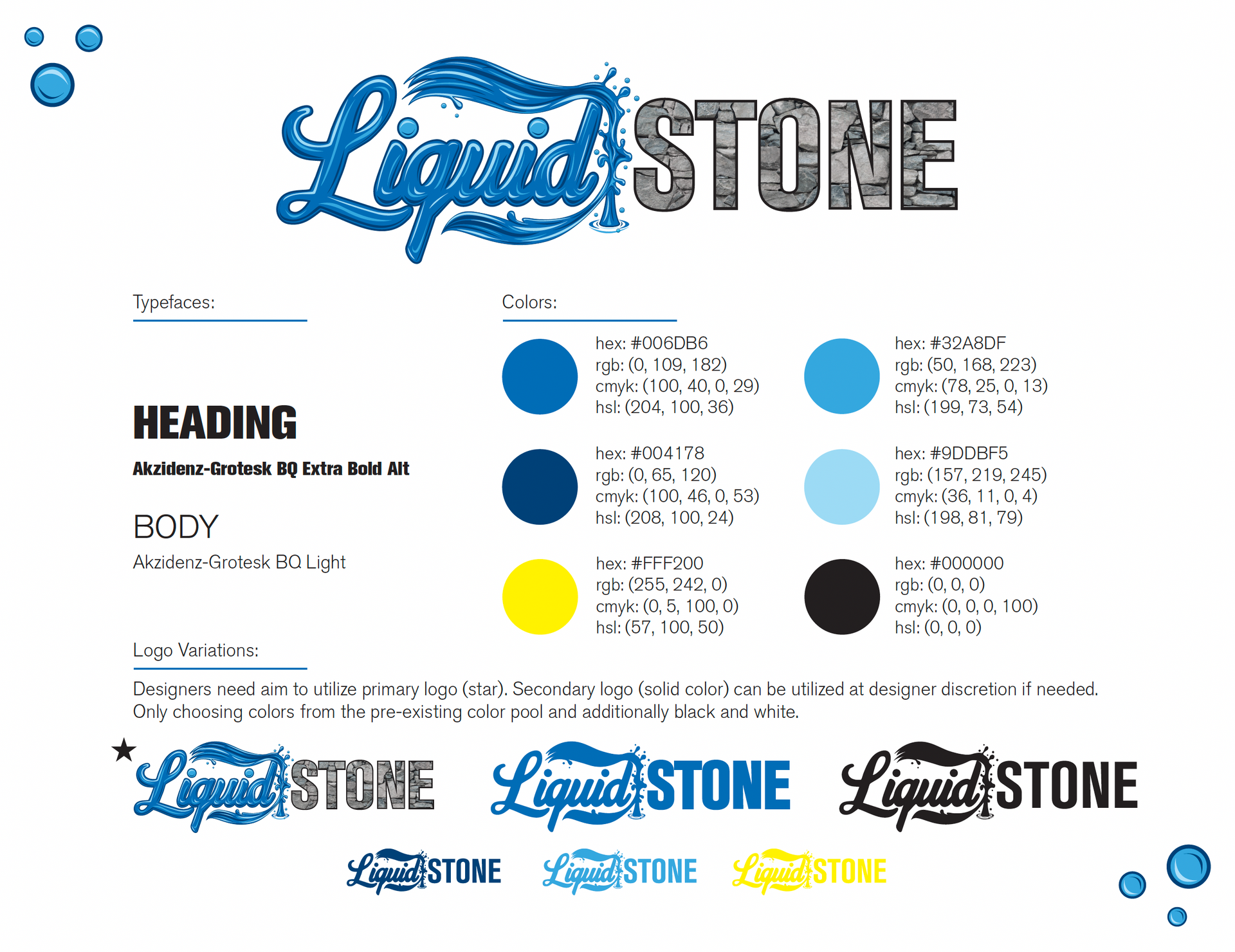 Brand guide for Liquid Stone, showcasing logo variations and color palette.