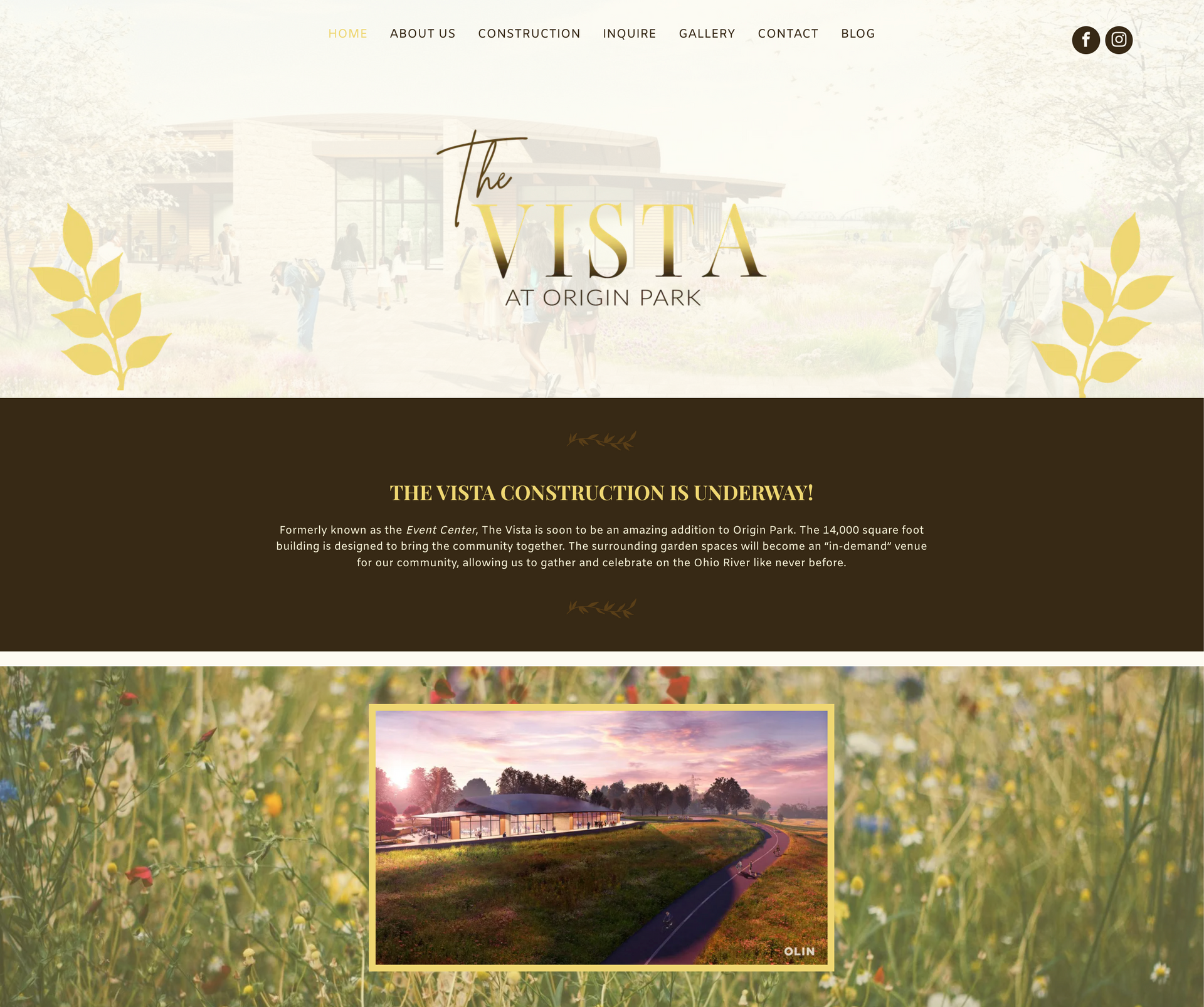 The Vista at St. George's Park website header with a building, wheat, and an announcement.