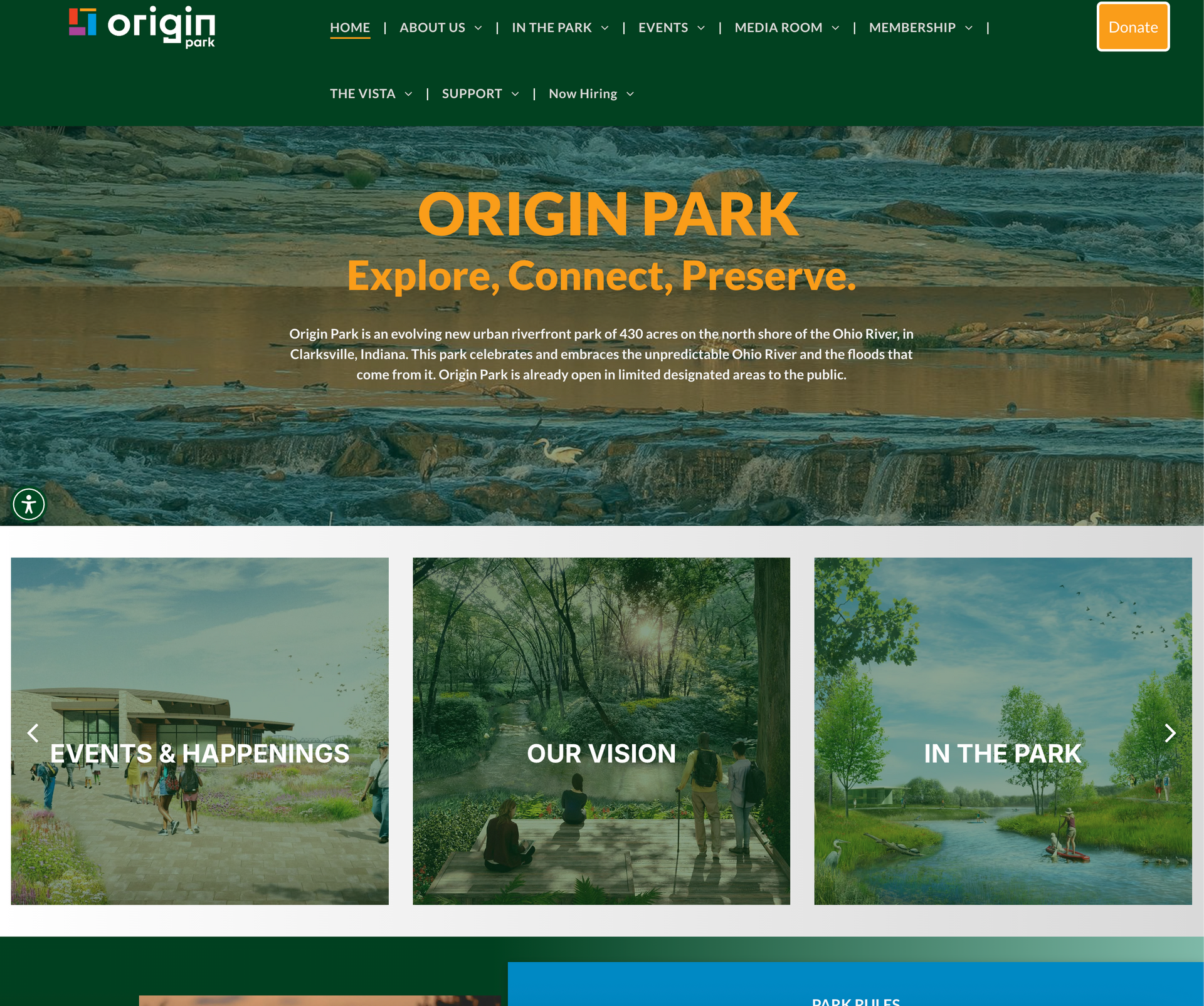 Origin Park website homepage featuring park images and descriptions.