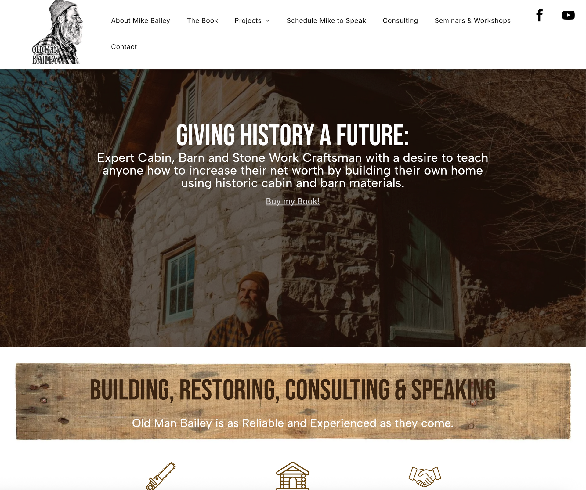 Website homepage: Man standing in front of a stone cabin, text overlay
